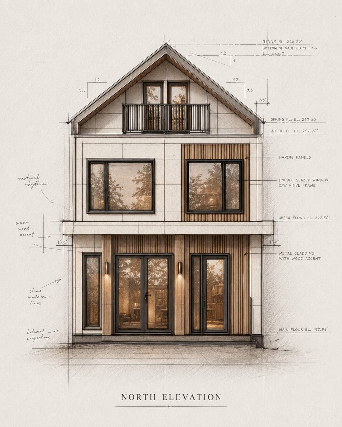 North elevation drawing for a custom home with window and facade notes