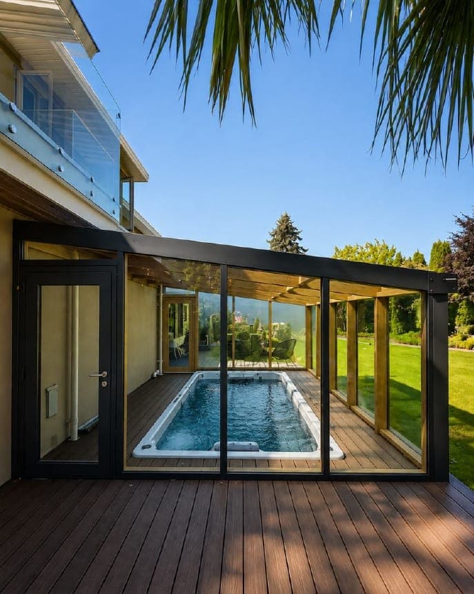 Residential bathroom with glazing and a view to the landscape